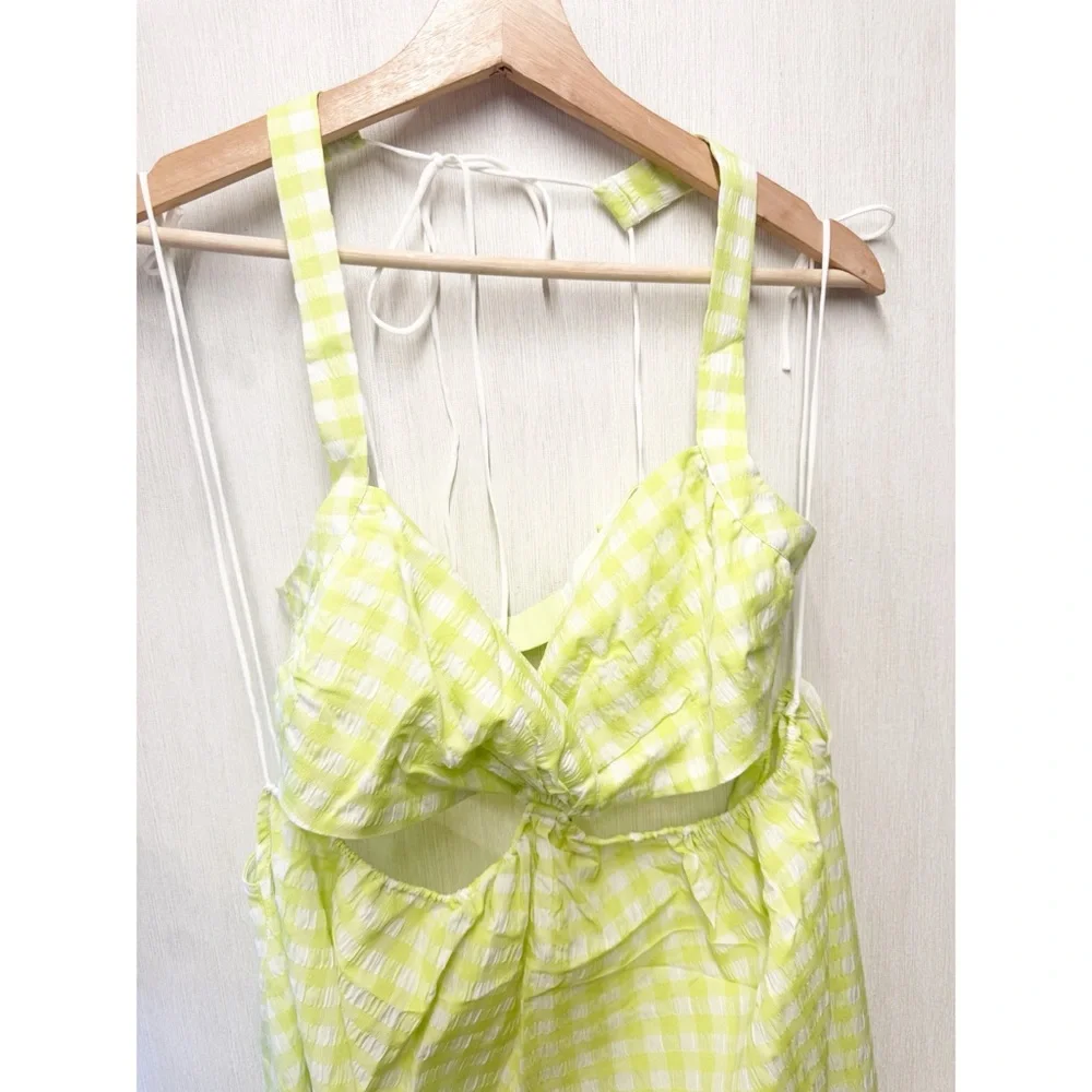 NWT For Love & Lemons Maureen Midi‎ Dress Green Gingham Cutout Tie Back, Size L - Picture 5 of 10